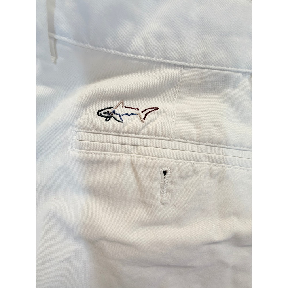 Greg Norman Mens White Golf Shorts Waist 36 Cotton Twill Flat Front Shark Logo - Picture 4 of 6